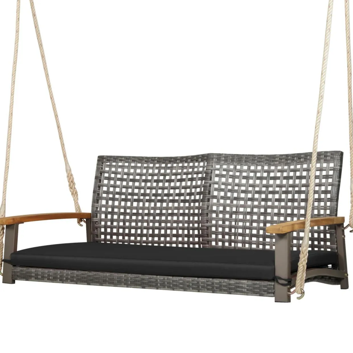 Tangkula 2-Person Outdoor Porch Swing with 118" Hanging Ropes, Patiojoy PE Wicker Patio Hanging Swing Bench