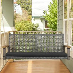 Tangkula 2-Person Outdoor Porch Swing with 118" Hanging Ropes, Patiojoy PE Wicker Patio Hanging Swing Bench