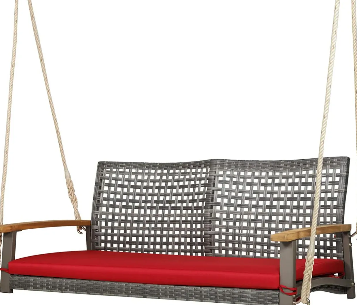 Tangkula 2-Person Outdoor Porch Swing with 118" Hanging Ropes, Patiojoy PE Wicker Patio Hanging Swing Bench