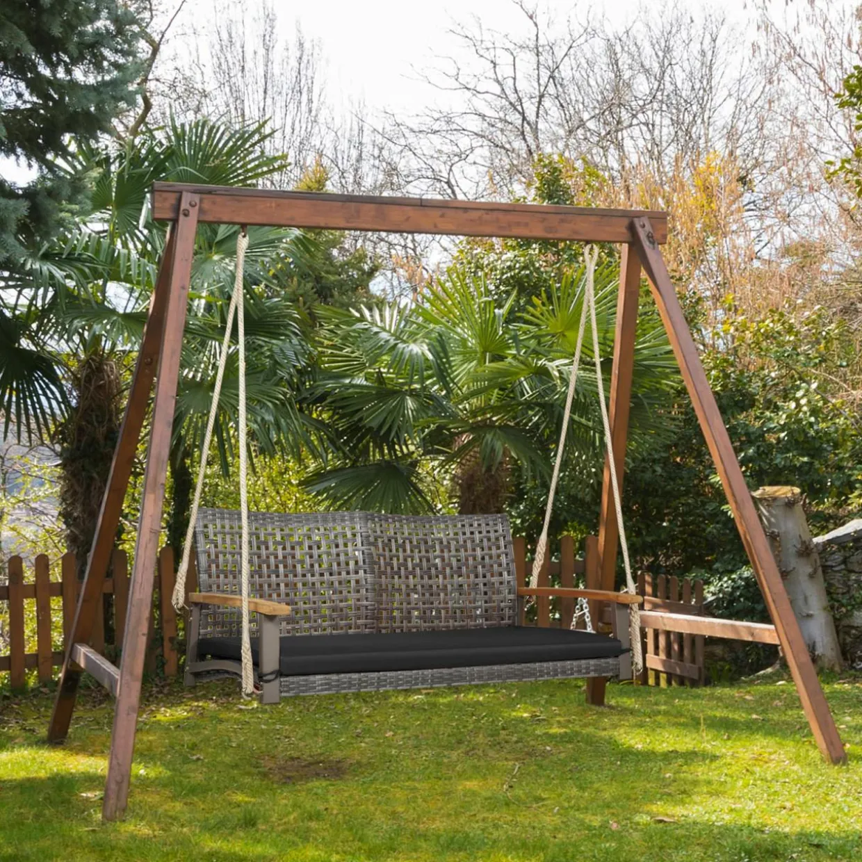 Tangkula 2-Person Outdoor Porch Swing with 118" Hanging Ropes, Patiojoy PE Wicker Patio Hanging Swing Bench