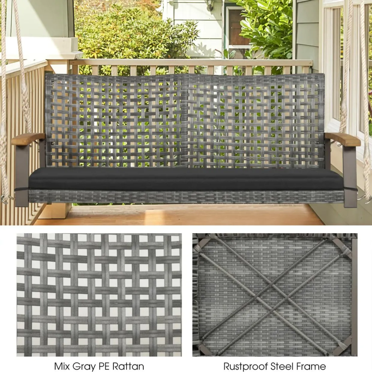 Tangkula 2-Person Outdoor Porch Swing with 118" Hanging Ropes, Patiojoy PE Wicker Patio Hanging Swing Bench