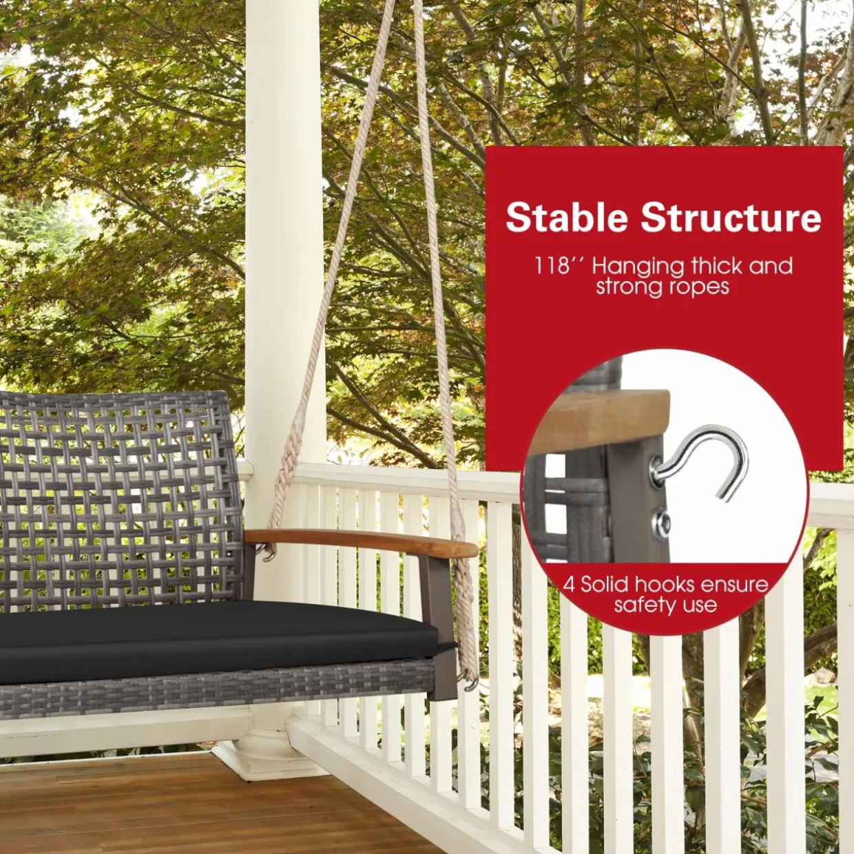 Tangkula 2-Person Outdoor Porch Swing with 118" Hanging Ropes, Patiojoy PE Wicker Patio Hanging Swing Bench