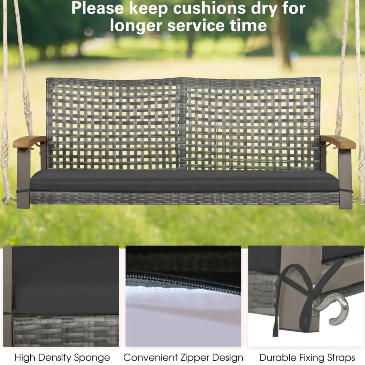 Tangkula 2-Person Outdoor Porch Swing with 118" Hanging Ropes, Patiojoy PE Wicker Patio Hanging Swing Bench