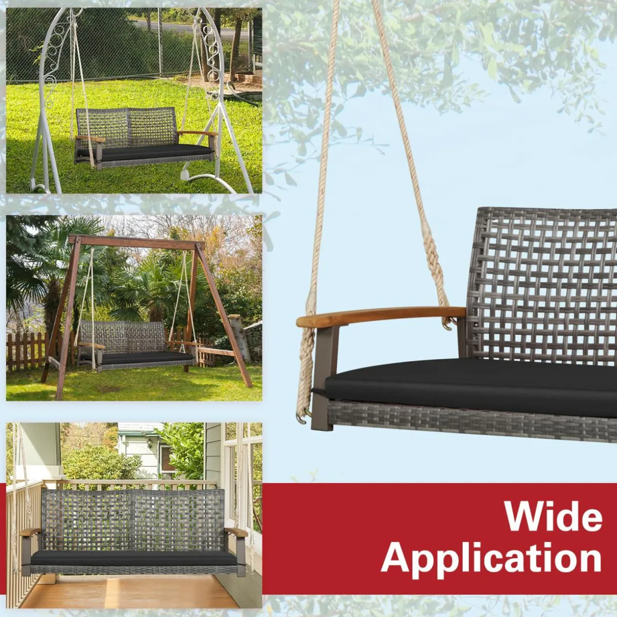 Tangkula 2-Person Outdoor Porch Swing with 118" Hanging Ropes, Patiojoy PE Wicker Patio Hanging Swing Bench