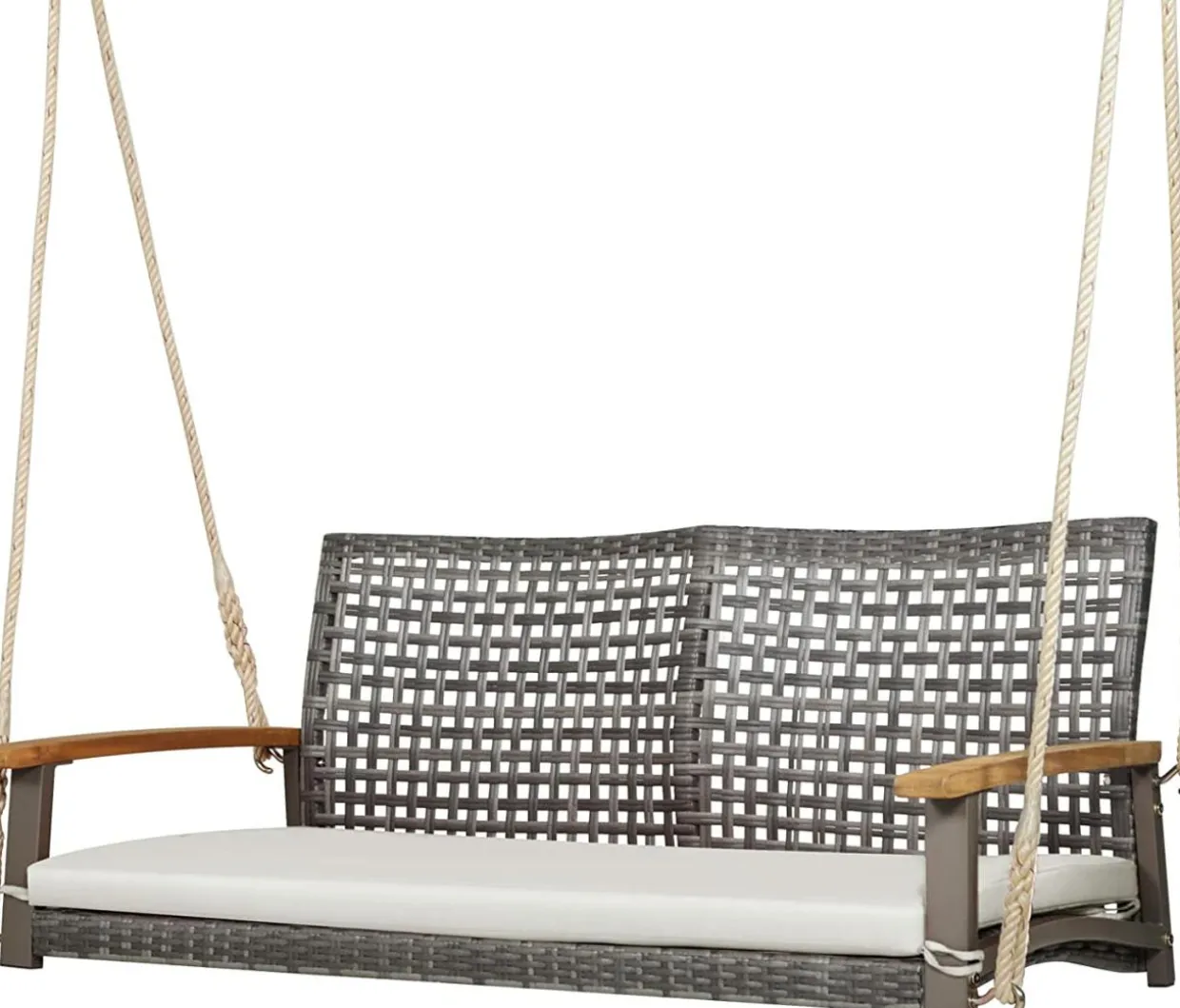 Tangkula 2-Person Outdoor Porch Swing with 118" Hanging Ropes, Patiojoy PE Wicker Patio Hanging Swing Bench
