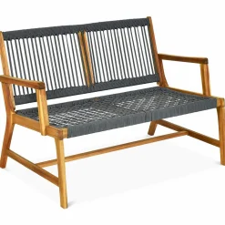 Tangkula 2-Person Patio Acacia Wood Bench Loveseat Chair, Outdoor Patio Bench Acacia Wood Bench