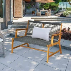 Tangkula 2-Person Patio Acacia Wood Bench Loveseat Chair, Outdoor Patio Bench Acacia Wood Bench