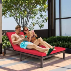 Tangkula 2-Person Patio Lounge Chair, Outdoor Rattan Double Wicker Daybed Chaise Lounge Chair
