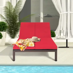 Tangkula 2-Person Patio Lounge Chair, Outdoor Rattan Double Wicker Daybed Chaise Lounge Chair