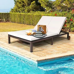Tangkula 2-Person Patio Lounge Chair, Outdoor Rattan Double Wicker Daybed Chaise Lounge Chair