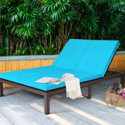 Tangkula 2-Person Patio Lounge Chair, Outdoor Rattan Double Wicker Daybed Chaise Lounge Chair