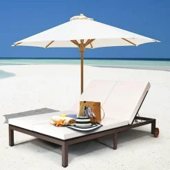 Tangkula 2-Person Patio Lounge Chair, Outdoor Rattan Double Wicker Daybed Chaise Lounge Chair