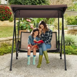 Tangkula 2-Person Patio Swing, Outdoor Porch Swing with Adjustable Canopy & 2 Storage Pocket