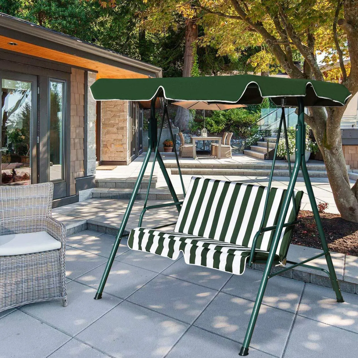 Tangkula 2-Person Patio Swing, Outdoor Yard Swing with Canopy & Cushion, Weather Resistant Steel Lounge Swing Chair