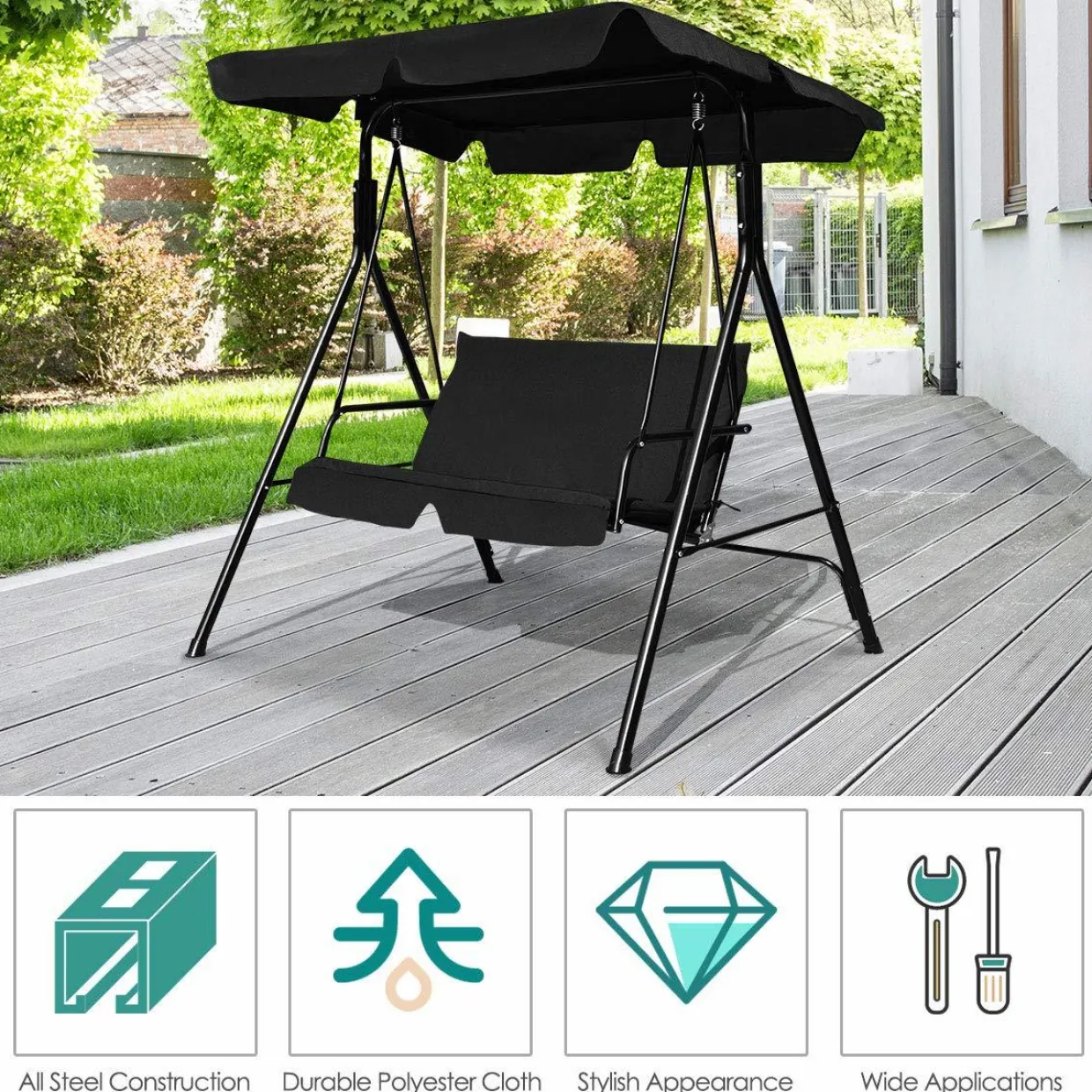 Tangkula 2-Person Patio Swing, Outdoor Yard Swing with Canopy & Cushion, Weather Resistant Steel Lounge Swing Chair