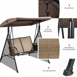Tangkula 2-Person Patio Swing, Outdoor Porch Swing with Adjustable Canopy & 2 Storage Pocket