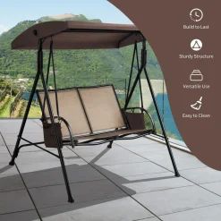 Tangkula 2-Person Patio Swing, Outdoor Porch Swing with Adjustable Canopy & 2 Storage Pocket
