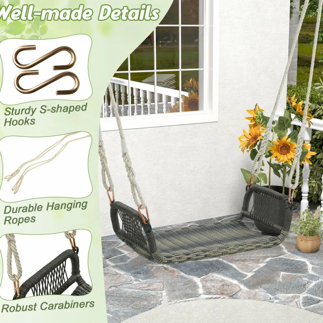 Tangkula 1-Person Rattan Porch Swing, Outdoor Single Swing Chair Bench