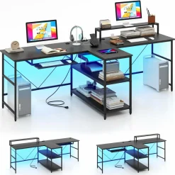 Tangkula 2-Person Reversible Computer Desk with LED Lights, 94.5” Long Office Desk with Power Outlets