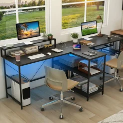 Tangkula 2-Person Reversible Computer Desk with LED Lights, 94.5” Long Office Desk with Power Outlets