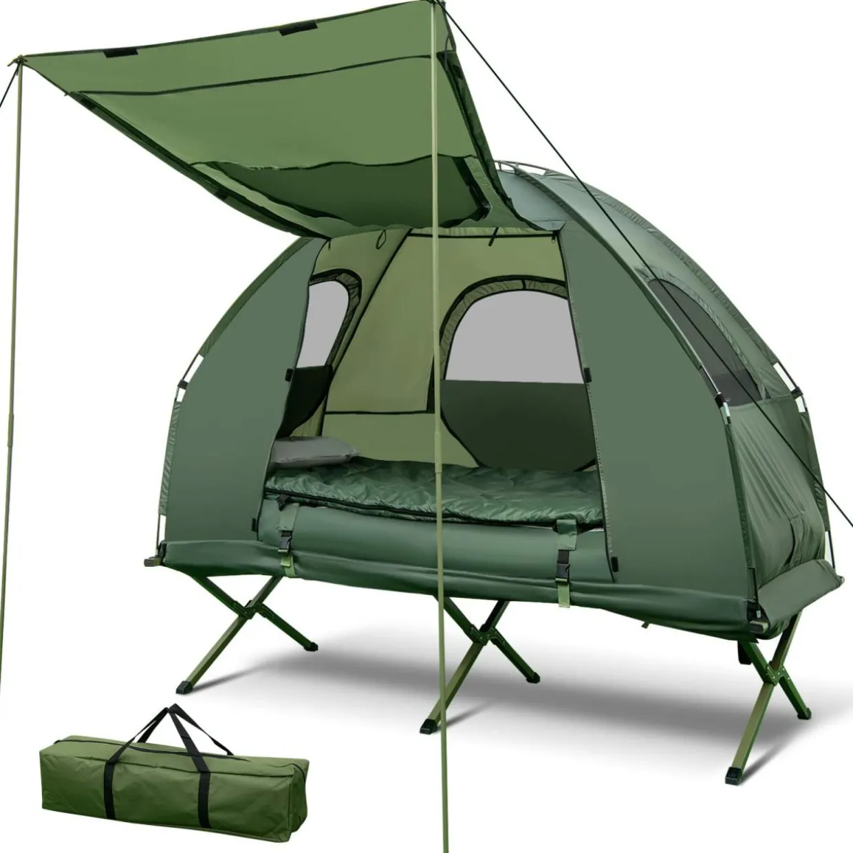 Tangkula 1-Person Tent Cot, Foldable Camping Tent with Air Mattress, Sleeping Bag, Elevated Single Cot Tent with Carrying Bag