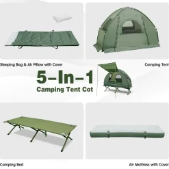 Tangkula 1-Person Tent Cot, Foldable Camping Tent with Air Mattress, Sleeping Bag, Elevated Single Cot Tent with Carrying Bag
