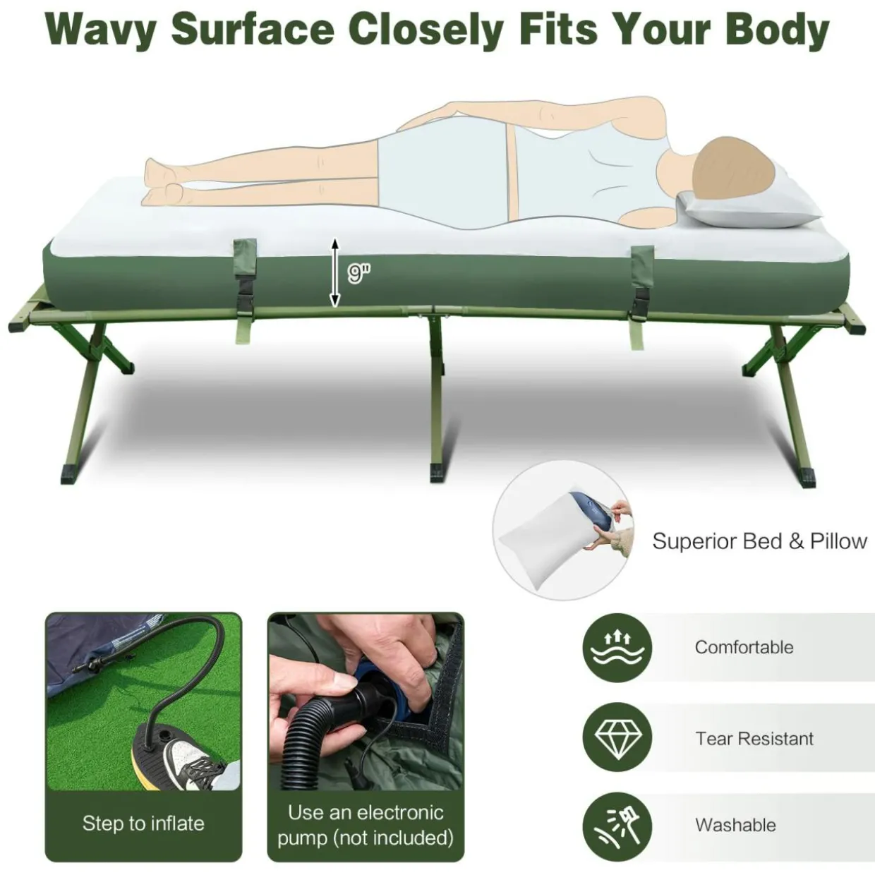 Tangkula 1-Person Tent Cot, Foldable Camping Tent with Air Mattress, Sleeping Bag, Elevated Single Cot Tent with Carrying Bag