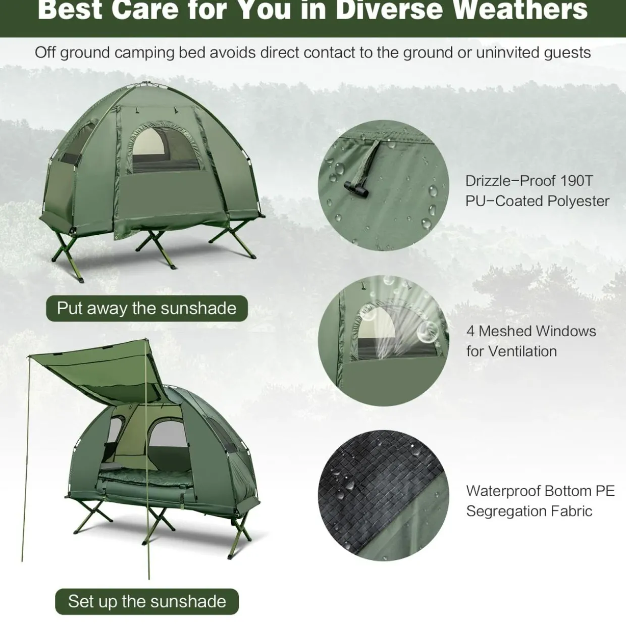Tangkula 1-Person Tent Cot, Foldable Camping Tent with Air Mattress, Sleeping Bag, Elevated Single Cot Tent with Carrying Bag