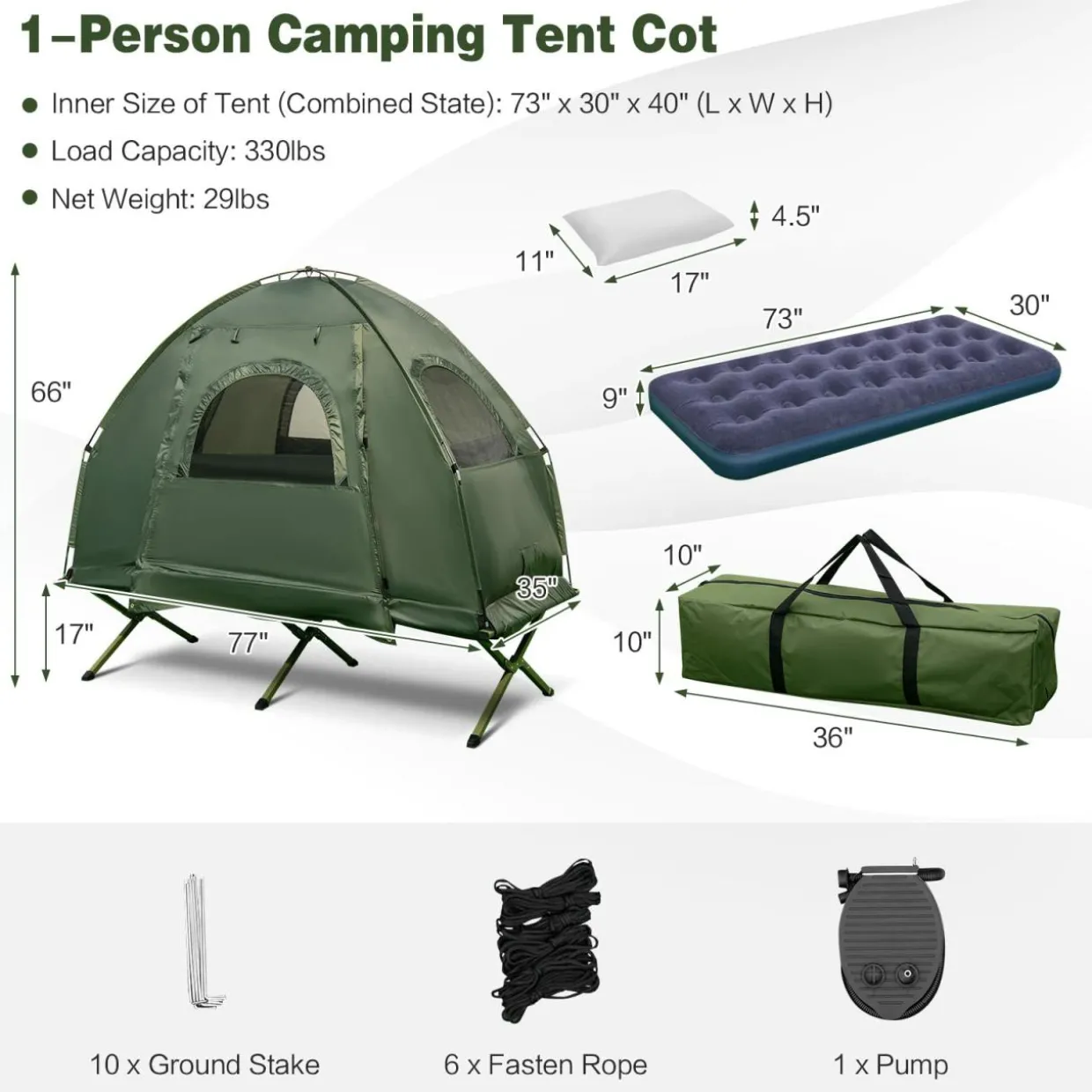 Tangkula 1-Person Tent Cot, Foldable Camping Tent with Air Mattress, Sleeping Bag, Elevated Single Cot Tent with Carrying Bag