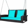 Tangkula 2-Person Wicker Hanging Porch Swing, Patiojoy Outdoor Rattan Swing Bench W/ 2 Back Cushions & 1 Seat Cushion, Sturdy Steel Chain