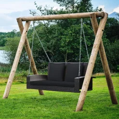 Tangkula 2-Person Wicker Hanging Porch Swing, Patiojoy Outdoor Rattan Swing Bench W/ 2 Back Cushions & 1 Seat Cushion, Sturdy Steel Chain