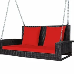 Tangkula 2-Person Wicker Hanging Porch Swing, Patiojoy Outdoor Rattan Swing Bench W/ 2 Back Cushions & 1 Seat Cushion, Sturdy Steel Chain