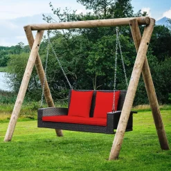 Tangkula 2-Person Wicker Hanging Porch Swing, Patiojoy Outdoor Rattan Swing Bench W/ 2 Back Cushions & 1 Seat Cushion, Sturdy Steel Chain