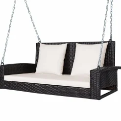 Tangkula 2-Person Wicker Hanging Porch Swing, Patiojoy Outdoor Rattan Swing Bench W/ 2 Back Cushions & 1 Seat Cushion, Sturdy Steel Chain