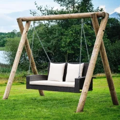 Tangkula 2-Person Wicker Hanging Porch Swing, Patiojoy Outdoor Rattan Swing Bench W/ 2 Back Cushions & 1 Seat Cushion, Sturdy Steel Chain