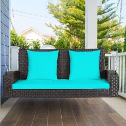 Tangkula 2-Person Wicker Hanging Porch Swing, Patiojoy Outdoor Rattan Swing Bench W/ 2 Back Cushions & 1 Seat Cushion, Sturdy Steel Chain