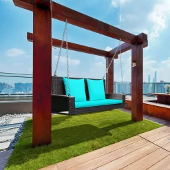 Tangkula 2-Person Wicker Hanging Porch Swing, Patiojoy Outdoor Rattan Swing Bench W/ 2 Back Cushions & 1 Seat Cushion, Sturdy Steel Chain