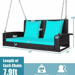 Tangkula 2-Person Wicker Hanging Porch Swing, Patiojoy Outdoor Rattan Swing Bench W/ 2 Back Cushions & 1 Seat Cushion, Sturdy Steel Chain
