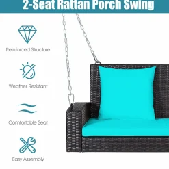 Tangkula 2-Person Wicker Hanging Porch Swing, Patiojoy Outdoor Rattan Swing Bench W/ 2 Back Cushions & 1 Seat Cushion, Sturdy Steel Chain