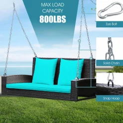 Tangkula 2-Person Wicker Hanging Porch Swing, Patiojoy Outdoor Rattan Swing Bench W/ 2 Back Cushions & 1 Seat Cushion, Sturdy Steel Chain