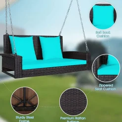 Tangkula 2-Person Wicker Hanging Porch Swing, Patiojoy Outdoor Rattan Swing Bench W/ 2 Back Cushions & 1 Seat Cushion, Sturdy Steel Chain