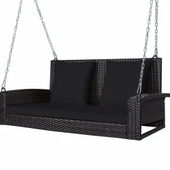 Tangkula 2-Person Wicker Hanging Porch Swing, Patiojoy Outdoor Rattan Swing Bench W/ 2 Back Cushions & 1 Seat Cushion, Sturdy Steel Chain