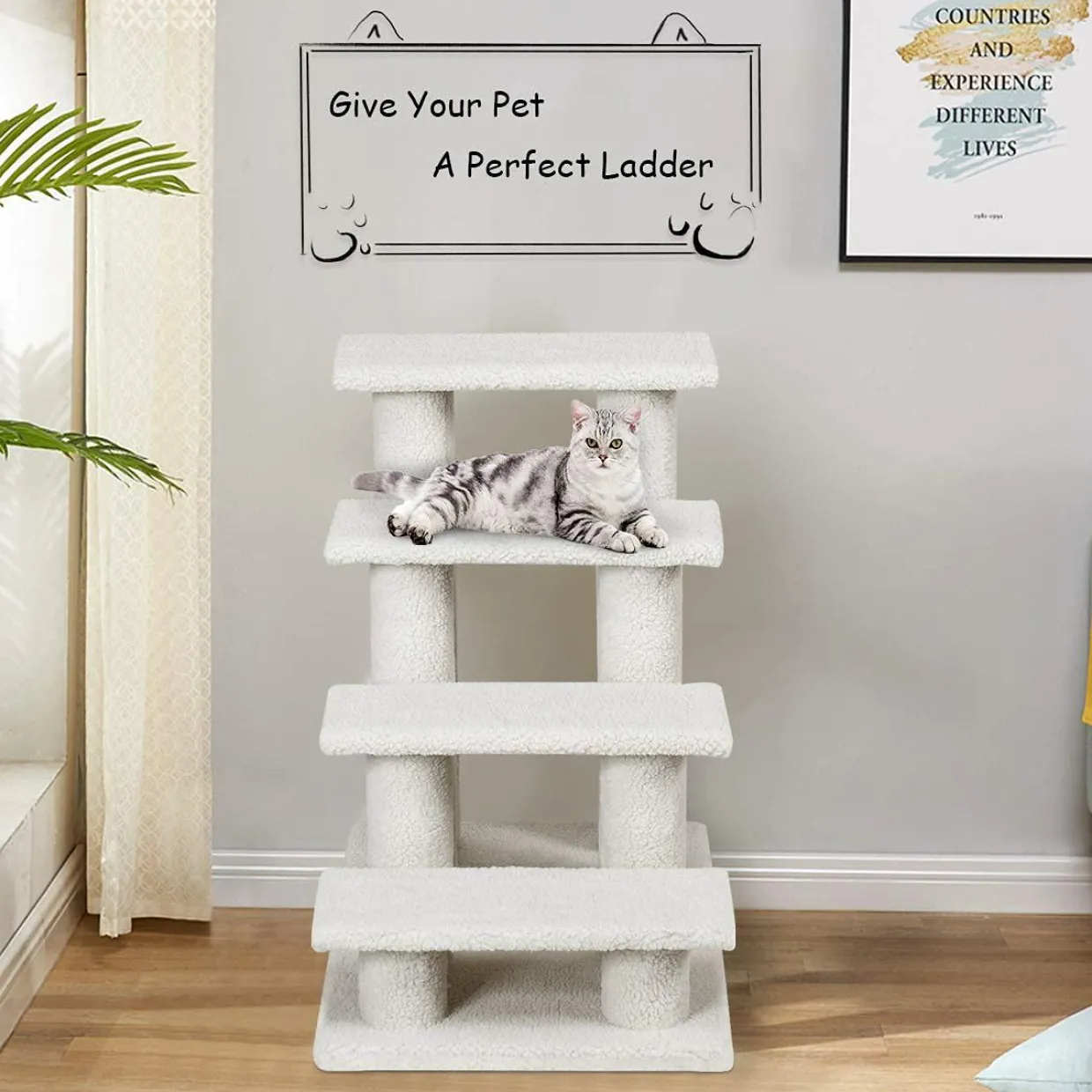Tangkula Pet Stairs for Cats and Dogs, 4-Step Carpeted Ladder Ramp Cat Climber Cat Scratching Post