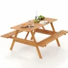 Tangkula Picnic Table with 2 Benches, Outdoor Hardwood Picnic Table Bench Set with 2-Inch Umbrella Hole, Slatted Tabletop & Seat