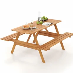 Tangkula Picnic Table with 2 Benches, Outdoor Hardwood Picnic Table Bench Set with 2-Inch Umbrella Hole, Slatted Tabletop & Seat