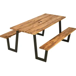Tangkula Picnic Table with 2 Benches, Outdoor Acacia Wood Picnic Table Bench Set with 2-Inch Umbrella Hole
