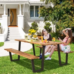 Tangkula Picnic Table with 2 Benches, Outdoor Acacia Wood Picnic Table Bench Set with 2-Inch Umbrella Hole