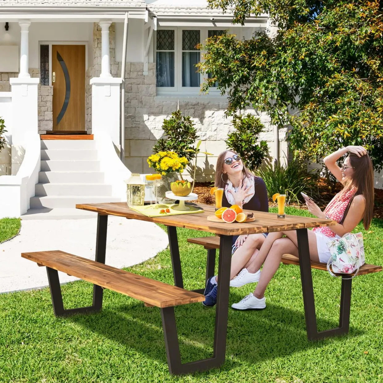 Tangkula Picnic Table with 2 Benches, Outdoor Acacia Wood Picnic Table Bench Set with 2-Inch Umbrella Hole