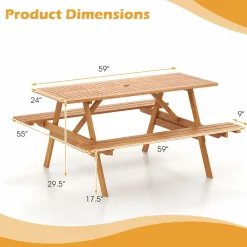 Tangkula Picnic Table with 2 Benches, Outdoor Hardwood Picnic Table Bench Set with 2-Inch Umbrella Hole, Slatted Tabletop & Seat