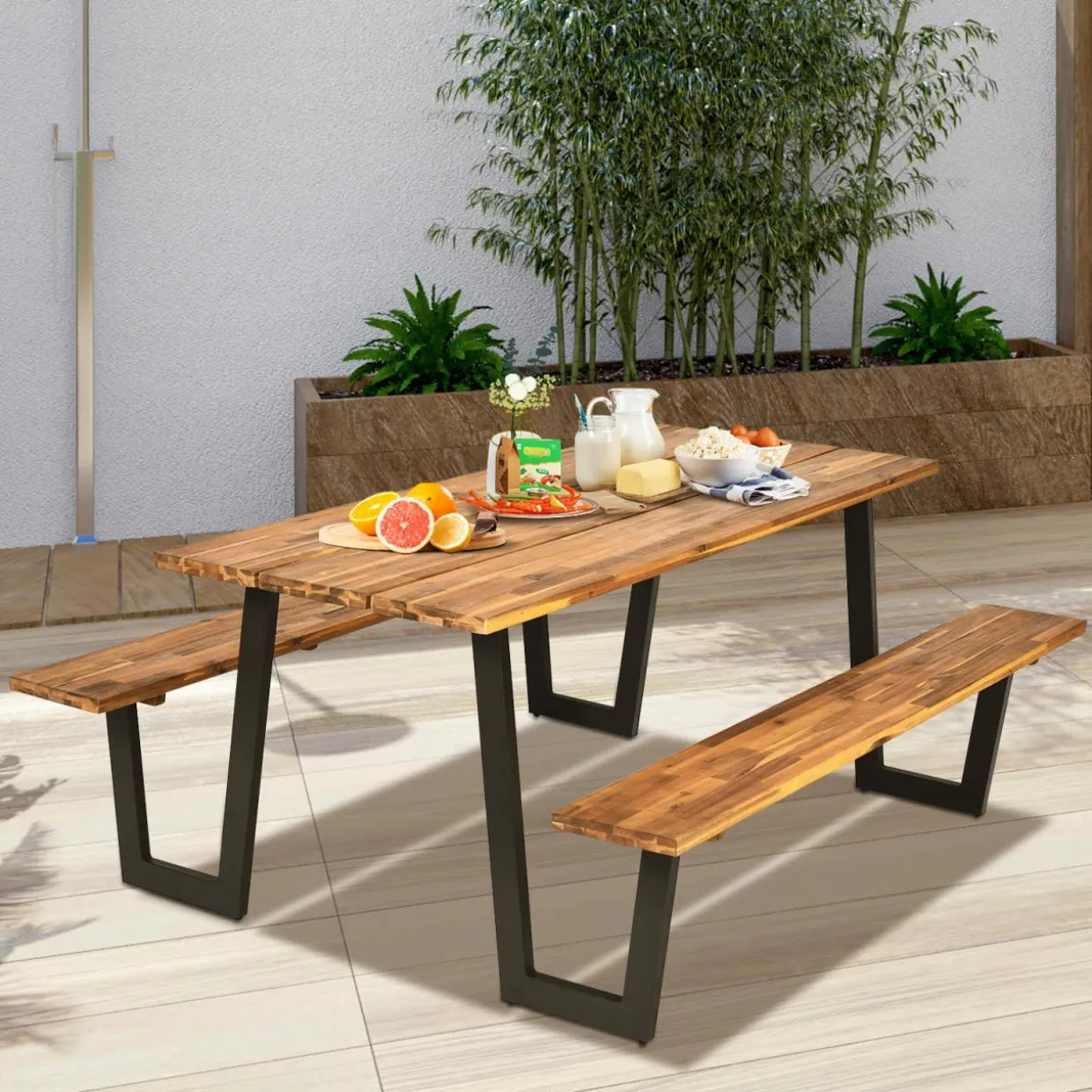 Tangkula Picnic Table with 2 Benches, Outdoor Acacia Wood Picnic Table Bench Set with 2-Inch Umbrella Hole